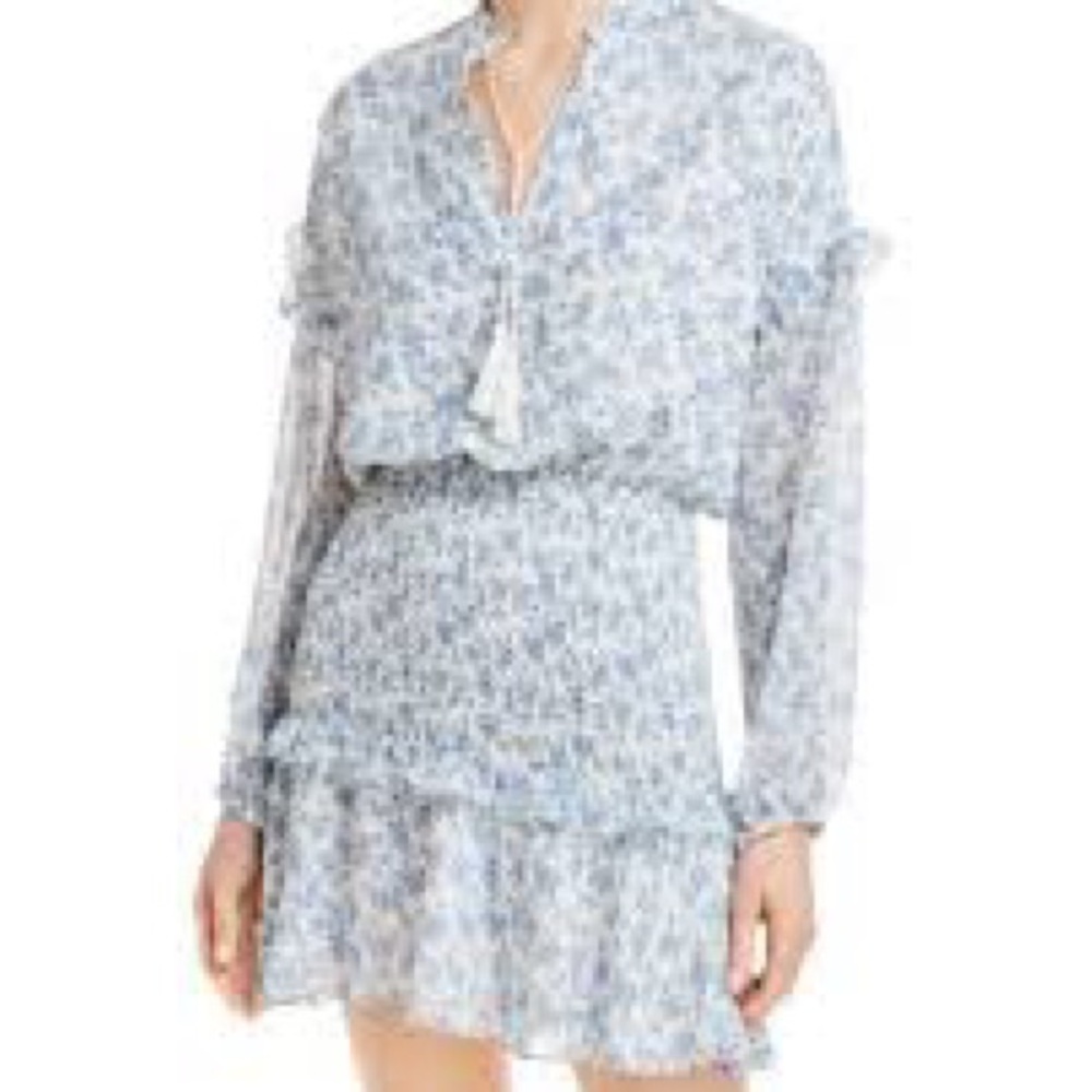 Aqua Light Blue Floral Long Sleeve Smocked Waist Dress